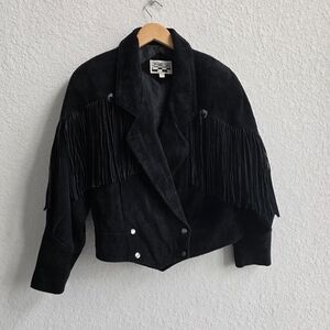 YEARBOOK VTG,80s Women Black Leather Concho Suede Fringe Jacket Sz L